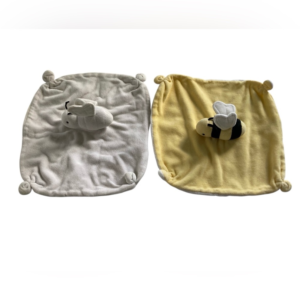 Set - 2 Burt’s Bees Bee 10” Lovey Security Blankets White Yellow Organic Cotton